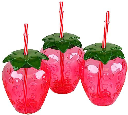 BWG Plastic Strawberry Drinking Cups with Reusable Straws - Set of 3