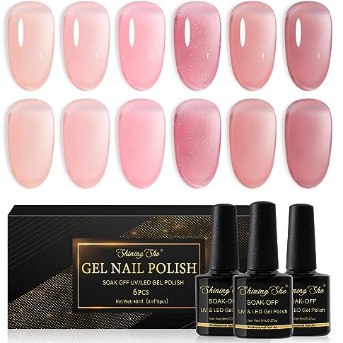 Shining She Smalto Semipermanente,6 Colori Naturale e Trasparente Rosa Nude Smalto Semipermanente Unghie,Soak Off UV LED Smalto Unghie Manicure Art Nail DIY a Casa,8ML