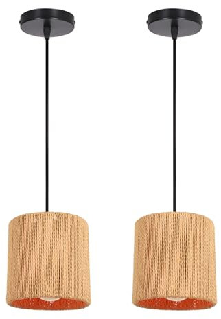 LIGKIN 2 Piezas Lámpara Colgante de Ratán Vintage E27 Boho Plafón Retro, Pantalla de Metal Ø15cm Lámpara Techo Cuerda de Cáñamo Iluminación para Restaurante, Salone, Cocina, Cafetería