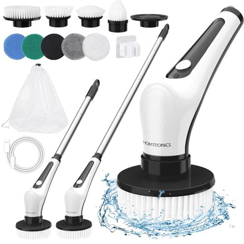 Elektrische Reinigungsbürste, [IPX8 Wasserdicht] Homtronics Elektrische Putzbürste mit 9 Austauschbaren Bohrbürstenköpfen, 14 in 1 Electric Spin Scrubber für Bad, Fliesenboden und Auto, Schwarz