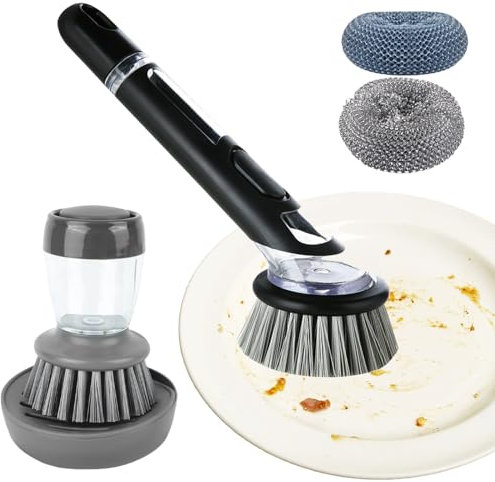 5 Pièces Manche Long Brosse de Nettoyage avec Distributeur Liquide Vaisselle Kit, Brosse à Vaisselle avec Manche Court Brosse, Tête Brosse Pet, Boule Fil Acier, Plateau Rangement, Brosse de Cuisine