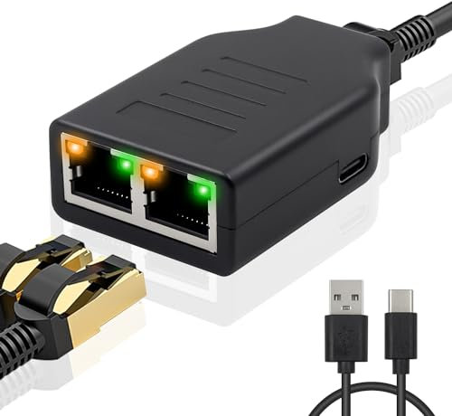 Duttek Splitter Ethernet, splitter Ethernet RJ45 da 1 a 2, splitter Ethernet ad alta velocità 100 Mbps, splitter di rete con cavo di alimentazione USB-C, splitter Internet per cavo Cat5/5e/6/7/8