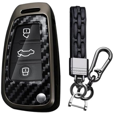 TECART Coque de clé de Voiture Compatible avec Audi A1 A3 A4 A6 A8 Quattro Q2 Q3 Q7 S3 S6 RS3 RS6 R8 TT TTS - Porte-clés en PVC - Protection Keyless Go - 3 Boutons - Fibre de Carbone, a-Noir, 3-Taste