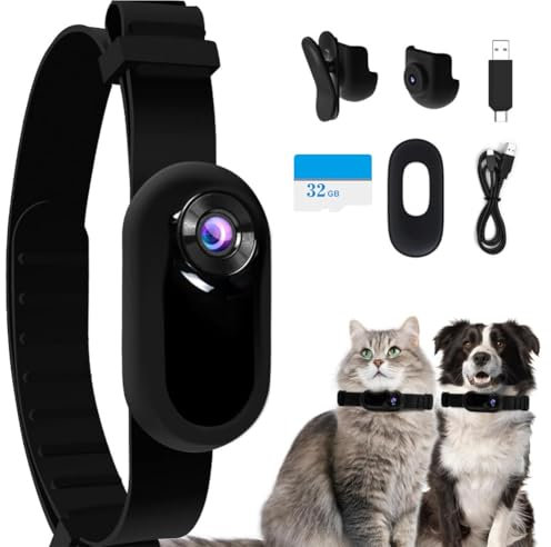 AZURAOKEY Collar de cámara para gato con tarjeta SD de 32 GB, HD 1080P, cámara de collar de perro, mini cámara de acción, cámara inalámbrica para collar de gato, cámara de collar de mascota al aire
