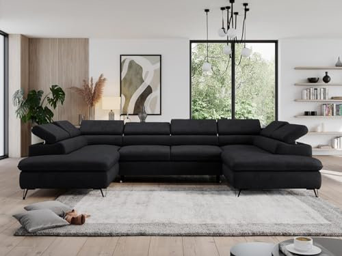 MKS MEBLE Sofa U, Wohnlandschaft U-Form, Ecksofa mit Schlaffunktion und Bettkasten, Schlafsofa mit Bettkasten, Couch mit Verstellbare Kopfstützen - Pedro U - Schwarz Velvet