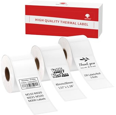 Weiße M110 Etiketten Kompatibel mit Phomemo M110, M220, M221, M150, M250, M108, M100, M120, M200 und Memoking M260 Etikettendrucker, 40mmx30mm (1.57 x 1.18), 230 Etiketten/Rollen, 3 Rollen