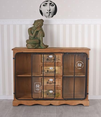 Anrichte „Factory LOFT“ – Industrial Sideboard | Holz, Metall & Glas | 4 Schubladen & 2 Schiebetüren | Loft Kommode im Used Look lof600 Palazzo Exklusiv