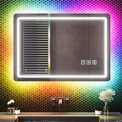Lvifur Led Badspiegel, 80 × 50 cm LED Spiegel Badezimmer Touch-Schalter einstellbare Farbtemperatur, Doppellicht Beleuchtungs Spiegel Wandspiegel, geeignet für Schlafzimmer Friseur