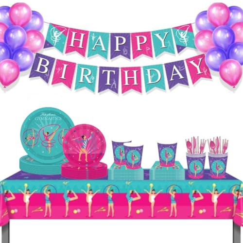 NVKRLFYD 70 Piezas Juego de Vajilla Desechable para Fiesta de Gimnasia y Cumpleaños - Platos, Toallas, Vasos, Pajitas, Manteles - Temática Deportiva para Niñas
