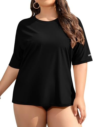 Generic Rash Guard for Women Plus Size Short Sleeve Crew Neck Swim Shirts UV 50 Swim Tops Black 3X