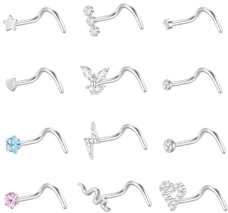 jagosen Nose Stud 20g 12pcs Corkscrew Diamond CZ Nose Studs Surgical Steel Butterfly Snake Nose Piercing Jewellery For Women Men