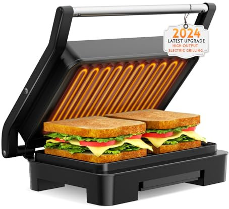 Panini Press Sandwich Maker, Electric Indoor Grill and Panini maker with Non-Stick Coated Plates, Grid Surface for Egg, Ham, Steaks Compact Electric Grill (Premium Black)