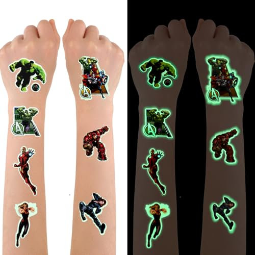 Leuchtende Superhelden Tattoo Set für Kinder - 12 Blätter Wasserdicht für Mädchen Jungen - Avengers Tattoos für Geburtstagsgeschenke Kindergeburtstag