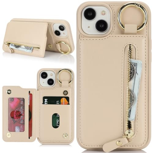 Zouzt for iPhone 14 Plus/15 Plus 6.7 Inch Wallet Case with Card Holder for Men Women, PU Leather Kickstand Credit Slots Case, Key Ring Zipper Stand Shockproof Protective Phone Cover - Almond