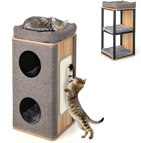SOARS Casa para Gatos de 3 Niveles, Barril para Gatos con Tabla Rascadora, 2 Cuevas para Gatos y Cama para Gatos, Casa para Gatos con Funda y Cojín Extraíbles, Torre para Gatos