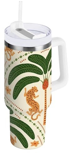 RPLIFE Vaso de café de acero inoxidable con diseño de leopardo asiático, palmera tropical, vaso aislado, vaso de café para mujer