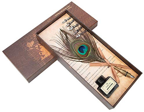 Fdit Peacock Feather Dip Quill Pen Set, Calligraphy Writing Kit with 5 Interchangeable Nibs Ink Bottle Elegant Gift Box for Vintage Stationery Lovers