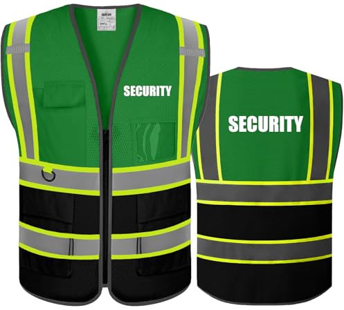 BeautyWill Personalisierte Sicherheitsweste Warnweste mit Text oder Logo und 5 Mehreren Taschen Hohe Reflektivität Warnschutz Arbeitsweste Sicherheitsweste (Grün schwarz-L)