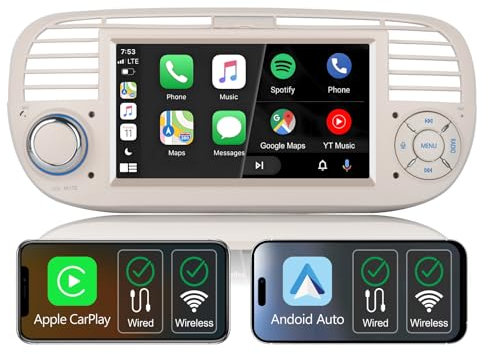 Autoradio wireless carplay per Fiat 500 2007-2015,Schermo IPS da 7,Stereo Fiat 500 supporta Android auto e Mirrorlink,SWC originale,Bluetooth,Microfono,AM FM RDS,USB,DSP/Subwoofer,navigatore (Beige)