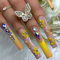 24pcs Long Press on Nails French Tip False Nails Yellow Ombre Fake Nail Flower Rhinestone Gem Stick on Nails Removable Glue-on Acrylic Nail Tips Accessories for Women