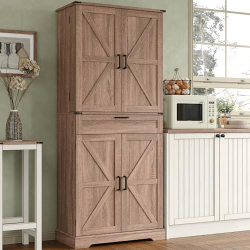 FUSOU 180cm Kitchen Cupboard Pantry Cabinet, Tall Storage Cabinet with 8 Door Shelves, 2 Cabinets and 1 Drawer, Freestanding Cupboard for Kitchen, Dining Room, Bathroom, Laundry, Espresso