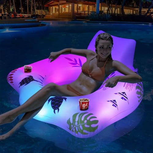 Galleggiante solare per piscina con luci che cambiano colore, poltrona gonfiabile di alta qualità con 2 portabicchieri e braccioli, zattera da piscina per adulti per nuoto notturno