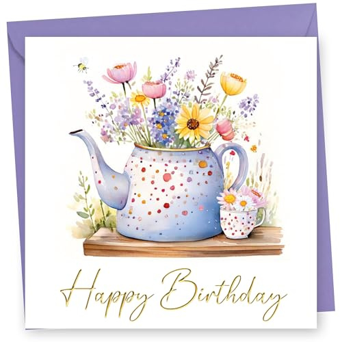 Birthday Card. Teapot with Gold Foil text Design. 150x150mm supplied with Envelope. Eco-friendly. Message inside. Made in Britain.