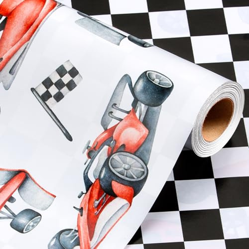 Wikadlik Rotolo di carta regalo con auto da corsa, motivo bandiera a scacchi, colore bianco e nero, per bambini, ragazzi, amanti delle auto, festa del papà, laurea, 43 cm x 10 m