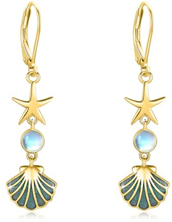 ABIGY Gold Seestern Muschel Ohrringe 925 Sterling Silber Seestern Ohrring Muschel Ohrringe Mondstein Strand Schmuck Weihnachten Muttertag Schmuck Geschenk für Damen