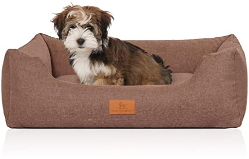 Knuffelwuff Hundebett Lotte aus Velours mit feinem Handwebcharakter S 70 x 50 cm Lichtbraun - Abnehmbarer Bezug - waschbar - für große, mittelgroße und kleine Hunde