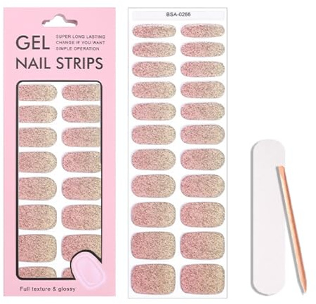 22Pcs Rose Gold Ombre Glitter Gel Nail Wraps - DIY Pre-Cured Self-Adhesive Nail Stickers for Sparkling Home Manicure - Long-Lasting Glossy Finish, No Lamp Needed, Easy to Apply & Remove