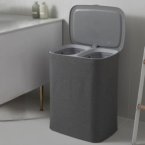 50L Double Laundry Basket with Lid,2 Compartments to Sort Washing,Large Hamper Laundry Bin with 2 Removable Inner Bags,Dirty Clothes Basket for Bedroom,Bathroom,Colloge(Grey)