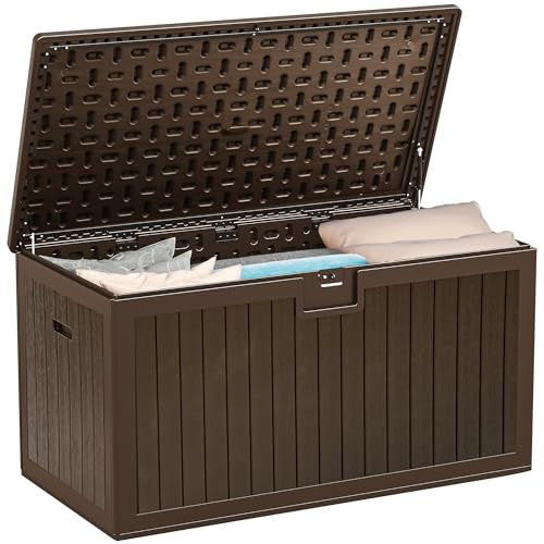 YITAHOME Gartenbox Außen 567.8 Liter, Wetterfeste Aufbewahrungsbox mit Abschließbarem Deckel, Robuste Outdoor-Sitzbank für Terrasse, Gartenmöbel, Kissen, Poolzubehör & Werkzeug, Braun