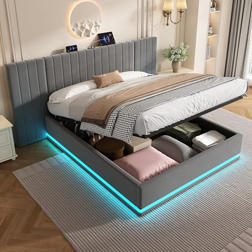 Mrwoo 5ft King Bed Frame with Wide Headboard and LED-Lighting, Ottoman Bed with Charging-Station and Hydraulic Storage, Velvet, 150x200cm, Grey, (No Mattress)
