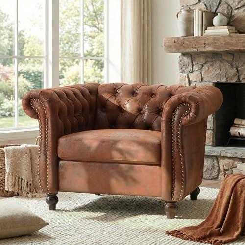 Christopher Knight Home Lucine Faux Suede Upholstered Chesterfield Chair, Mid-Century Modern Single Sofa Chair, Button-Tufted Rolled Armchair, Brown+Dark Brown