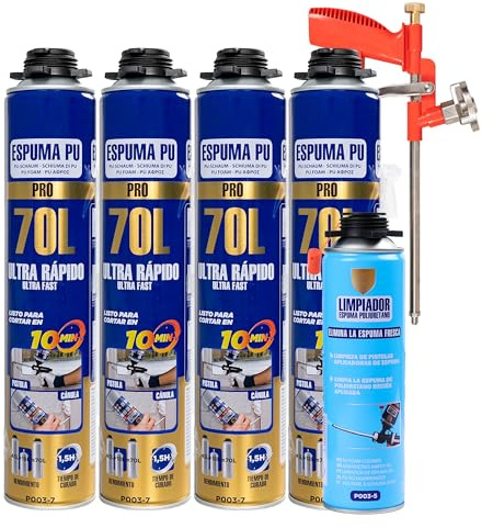 Etrexonline Kit Espuma de Poliuretano 70L Ultra Rápida – 4 Botes de 750ml + Pistola Aplicadora + Limpiador 500ml, Espuma Expansiva para Sellado y Aislamiento