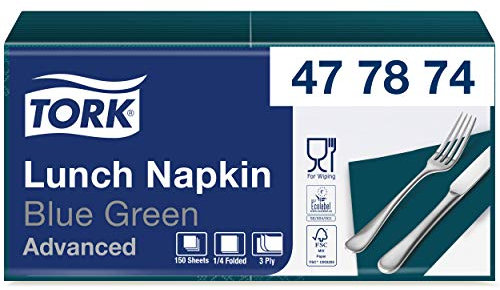 Tork 477874 Soft Lunchservietten Blaugrün / 3lagige, saugfähige Papierservietten Türkis / Vielfältig verwendbar / Advanced Qualität / 10 x 150 (1500) Servietten / 32,6 x 33 cm (B x L) / 1/4-Falz