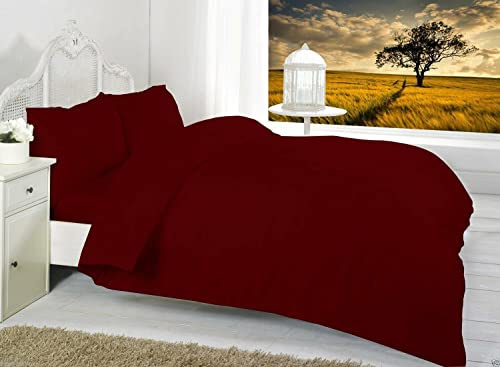 R&Z Plain Dyed Percale Polycotton Duvet Cover & 2 Pillow Cases Bed Set (Wine/Burgandy, Kind)