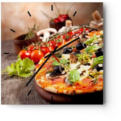 Modern Wanduhr Pizza Essen Italien Tradition 40x40cm Quadrat Groß Wand Uhr Glas Analog Zimmeruhren Küche Büro Wohnzimmer Glasuhr Wall Clock Dekoration Design Wanddekoration Küchenuhr C3AC40x40-2791