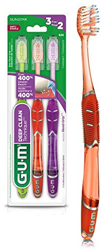 GUM Technique Deep Clean - Cepillo de dientes con mango de agarre cuádruple, cabeza compacta y cerdas suaves, 3 unidades