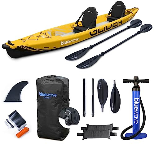 Bluewave Inflatable Kayak - Double - Complete Set Including 'Glider' 2-Person Kayak, Seats, Paddles, Fin, Storage Bag & Pump Included – The Complete Tandem Kayaking Package
