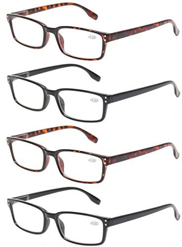 Kerecsen 4-Pack Rectangular Retro Style Men Reading Glasses Spring Hinges Comfortable Readers (+0.75, 2 Black 2 Tortoise)