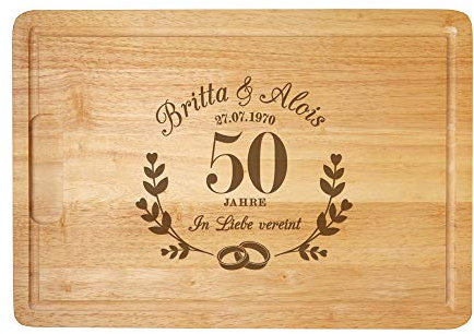 Casa Vivente Schneidebrett mit Gravur zur Goldenen Hochzeit und Ring Motiv, Personalisiert mit Namen und Datum, Geschenkidee für Paare