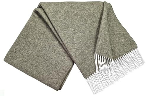 STTS International Kaschmir Decke Wolldecke Wohndecke 100% Merinowolle - Kaschmir - Mix 140 x 200 cm sehr weiches Plaid Kuscheldecke Faro Olive-Weiß (Duo)