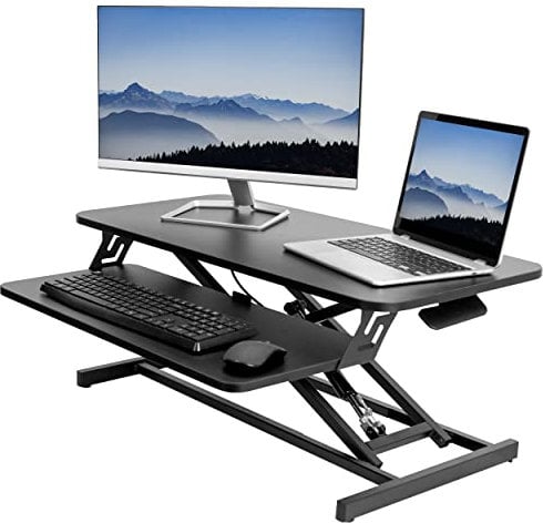 VIVO Desk Riser 80 cm Standing Converter with Quick Pneumatic Spring, Economic Height Adjustable Sit Stand Dual Monitor and Laptop Workstation, Black, DESK-V000S