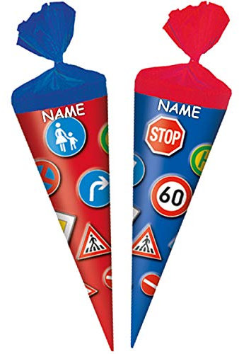 alles-meine.de GmbH 10 Stück Schultüten - 20 cm - Verkehrszeichen & Straßenschilder - inkl. Name - Zuckertüten - rund - Dekoschultüte - Deko - Schultütenbaum Zuckertütenbaum - ..