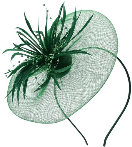 Amosfun Fascinator Hat Elegant Feather Net Mesh Party Hats Headwear Elegant Cocktail Wedding Headbands for Women Girls Black, Dark Green,