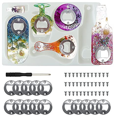 Bottle Opener Resin Molds, Lovppy Beer Opener Silicone Molds, Epoxy Resin Casting Molds, Beer Spanner Kit with Screwdriver and Patch, DIY Jewelry Craft Mold for Bottle Opener Keychain Wine Corkscrew