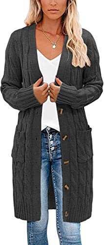 kinstell Ladies Long Sleeve Button Top Chunky Aran Cable Knitted Long Length Boyfriend Grandad Cardigan UK Grey