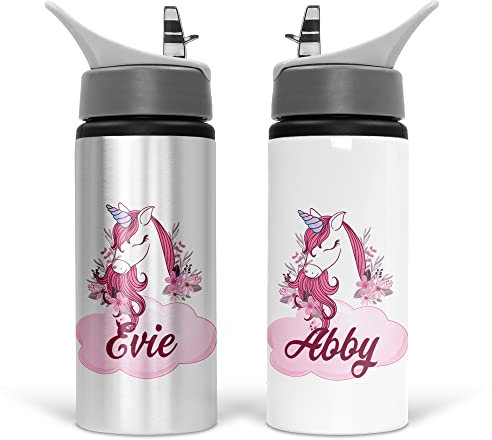 Personalised Unicorn Water Bottle for Kids – 600ml Aluminium Drink Bottle with Flip-Up Lid and Straw – Leakproof & Spillproof – Custom Name Bottle for School, Sports, or Travel – Girls Gift Idea